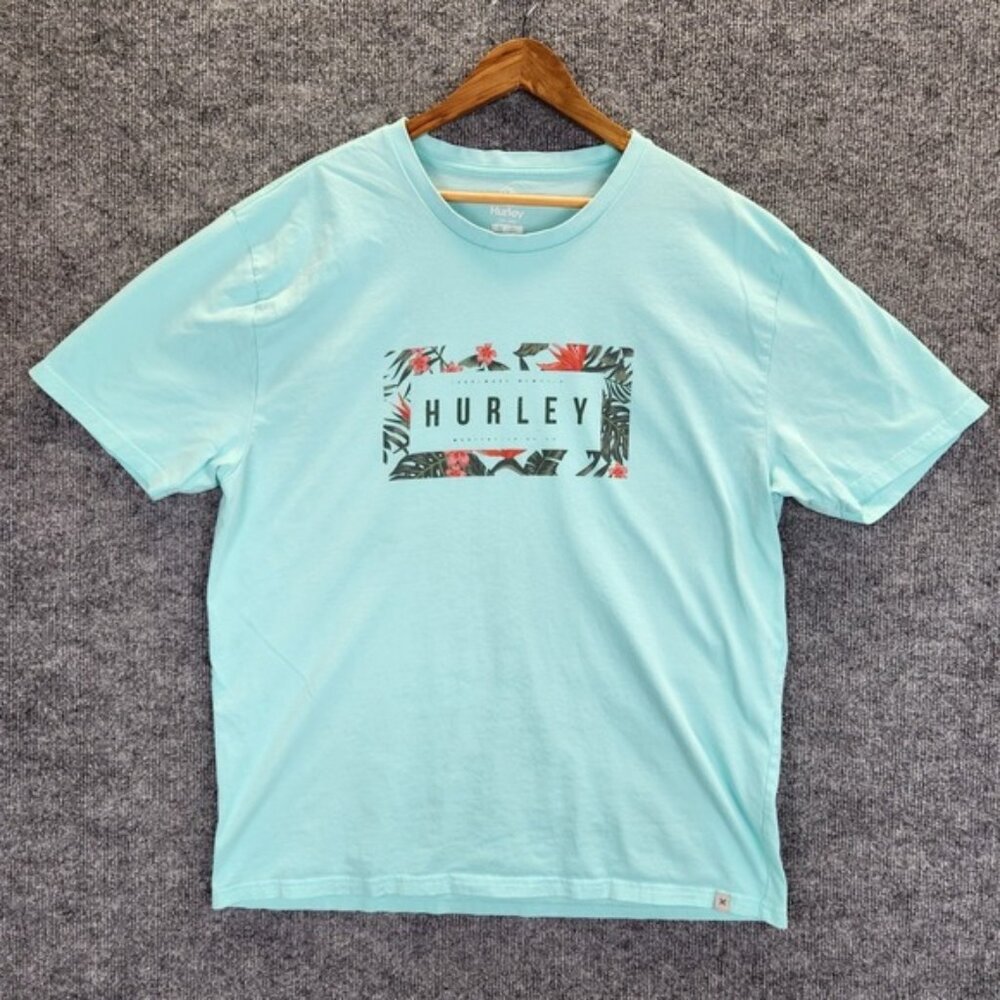Hurley T Shirt Men's XL Light Blue Floral Tropical Graphic Short Sleeve